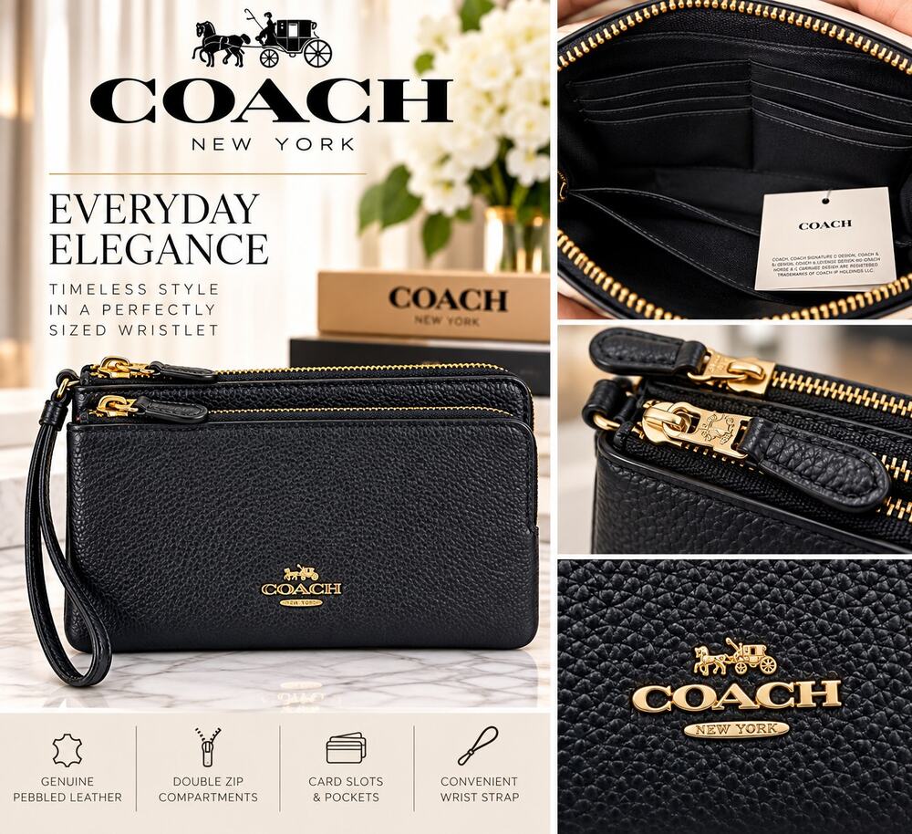 Coach Double Leather Wristlet*Black